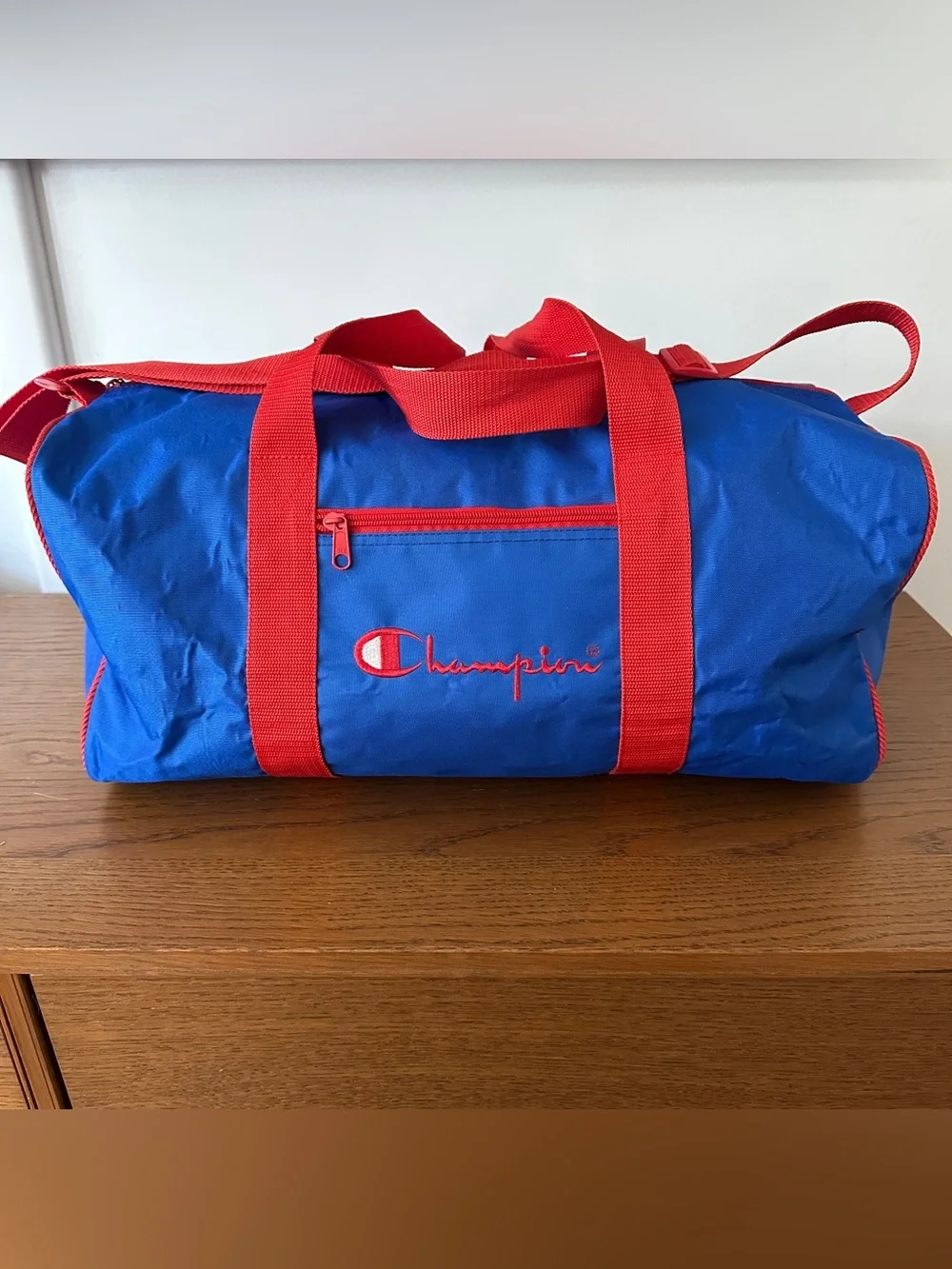 Vintage CHAMPION Duffle Bag Blue Red Spellout Gym Overnight Travel